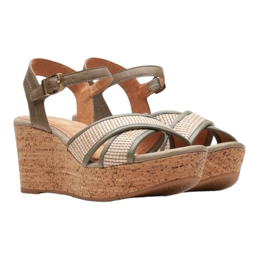 Clarks Womens Elleri Plum Olive Leather Textured Cork Ankle Strap Shoes Sz 9.5 W - Picture 2 of 12